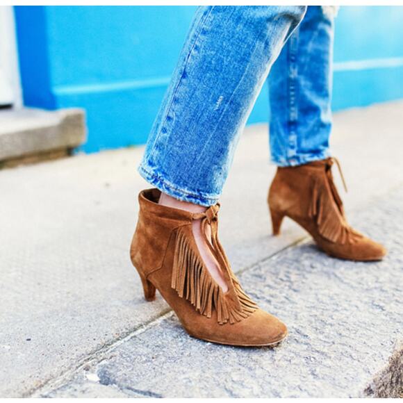 Maje Shoes - MAJE Suede Leather Fringe Tassel Kitten Heel Boots Camel Tan